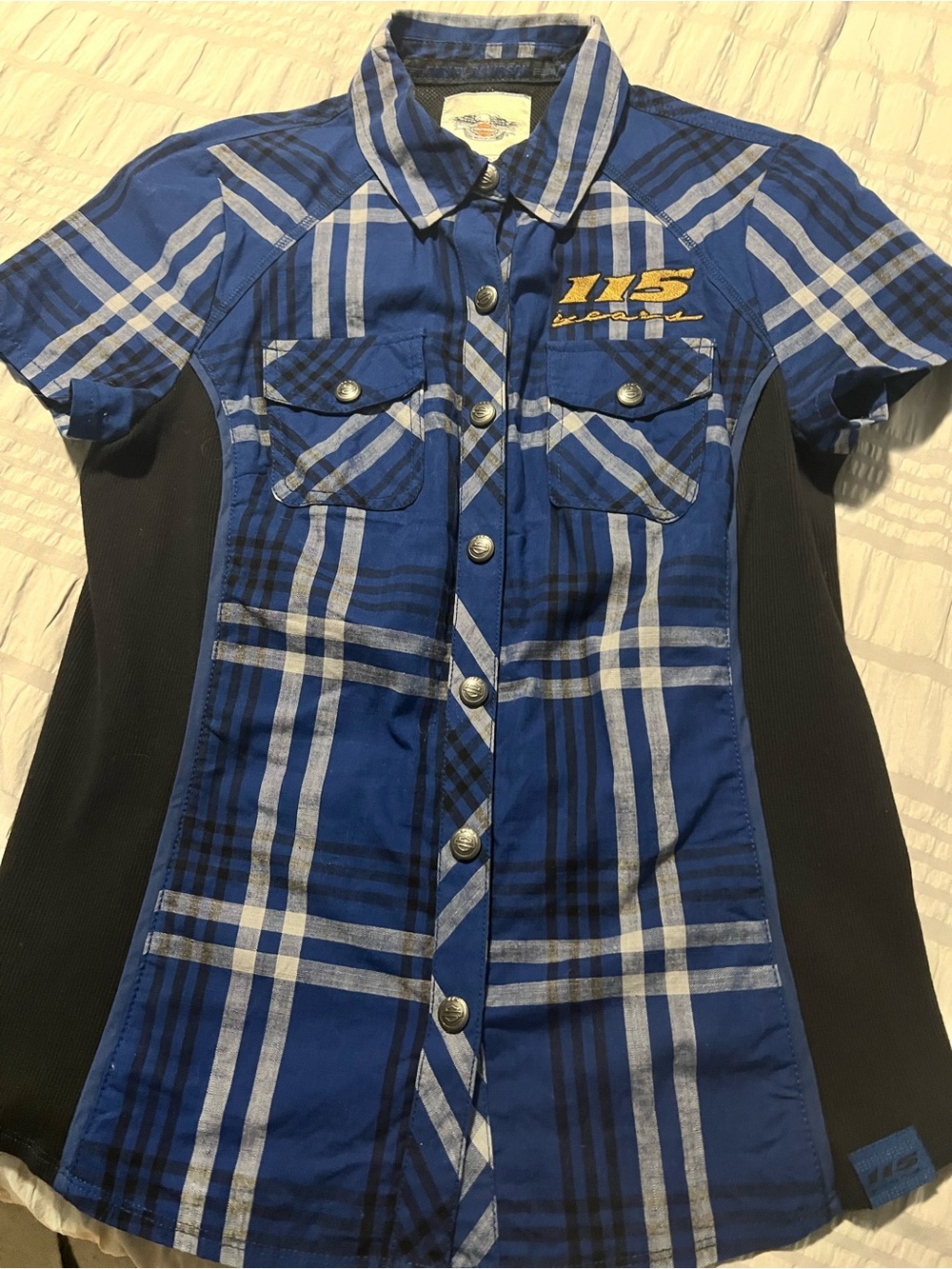 Harley-Davidson Blue Plaid Button-Front Women's Shirt with Black Panels
